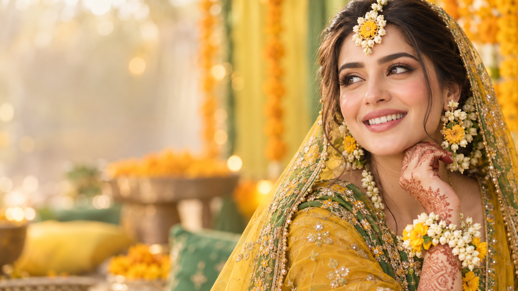 Pakistani bride in a vibrant yellow and green mehndi look